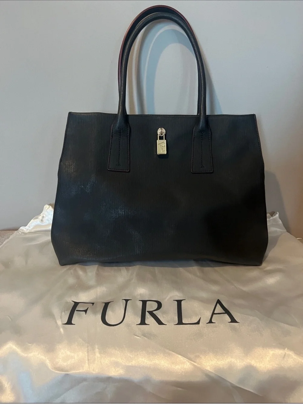 Furla Milano Leather Tote with Gold Padlock